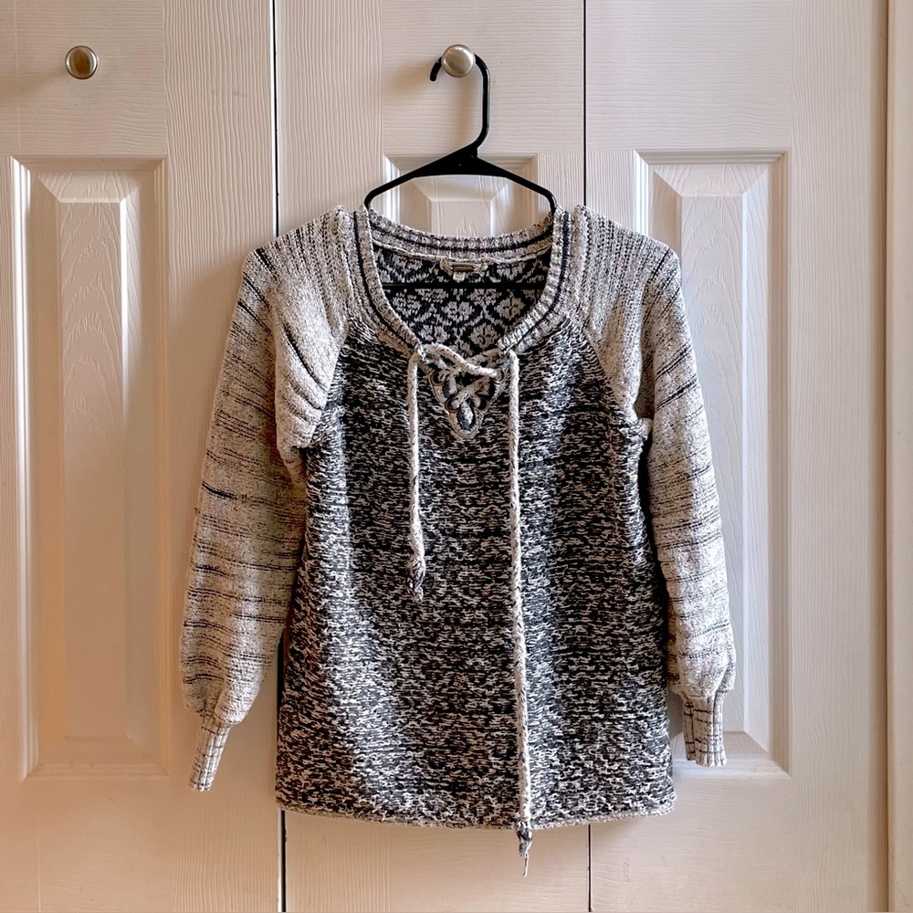 Gimmicks: Black & Gray Knit Sweater with Lace-Up Front Detail